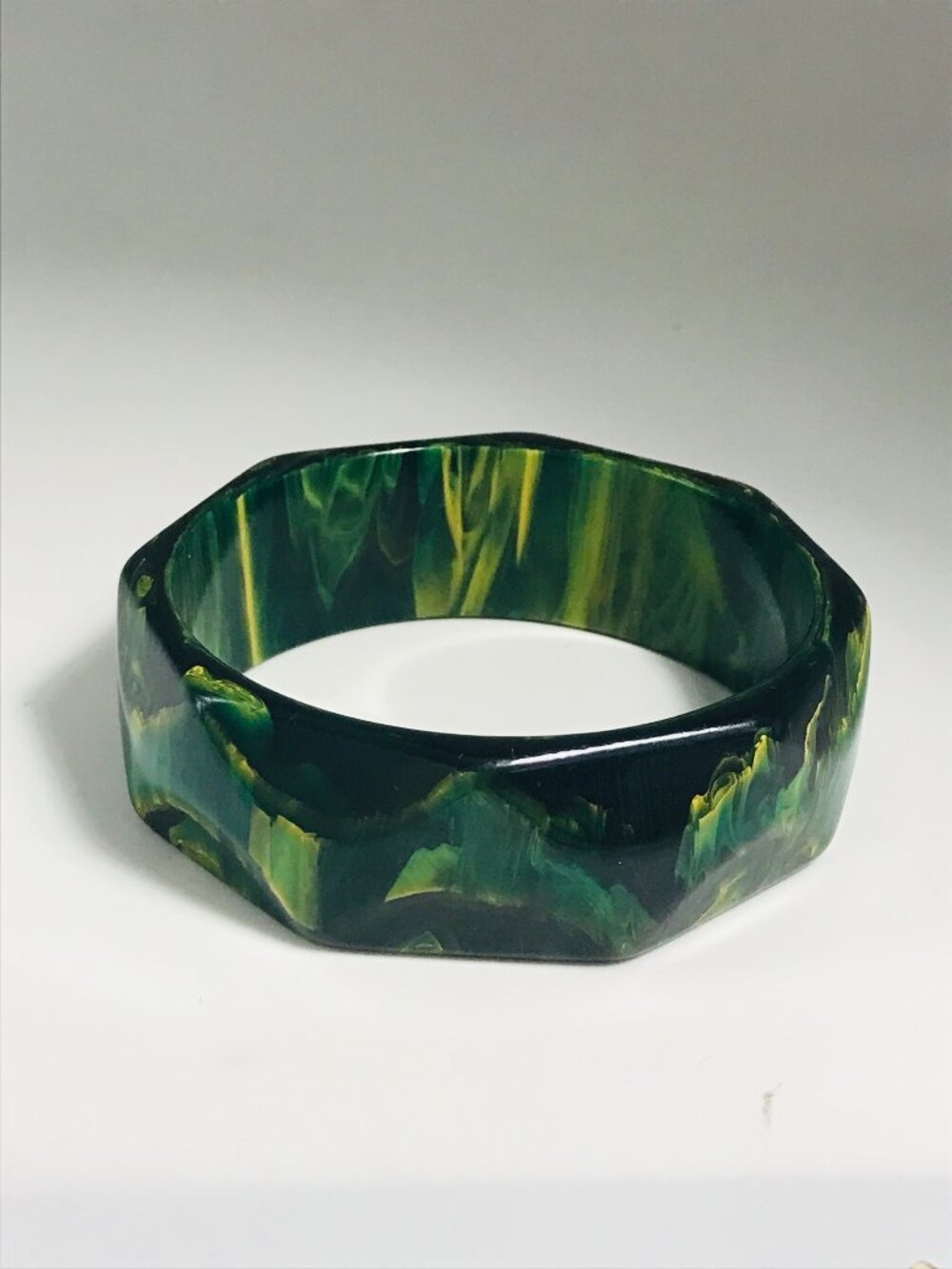 Vintage Blue Moon Bakelite Bangle Bracelet Faceted Hexagon Rare Green Marbled